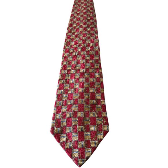 Fumagalli ITALY 100% Silk Tie Red Gold Geometric Check Sartorial Luxury - Picture 5 of 16